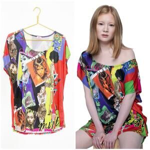 Vintage Y2K Focus Glam Vogue Mix Print Top Size XL Off Shoulder Model 90s